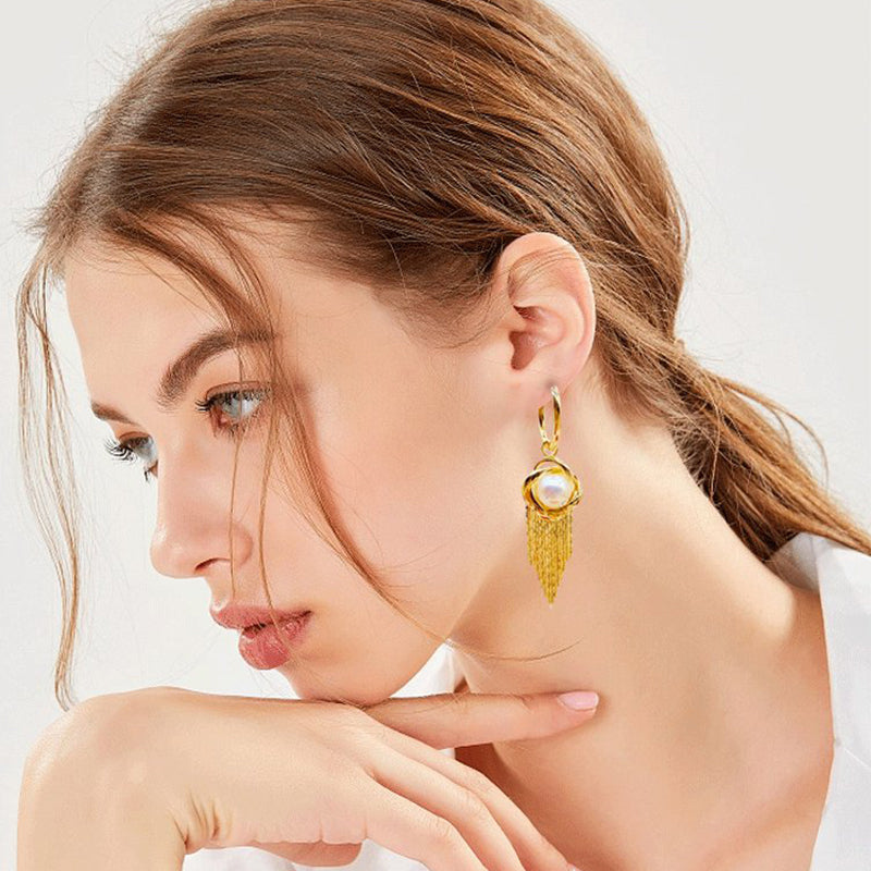 Spiral Wrapped Pearl Tassel Earrings