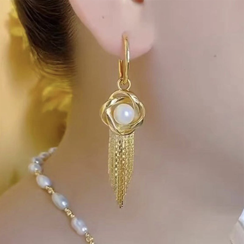 Spiral Wrapped Pearl Tassel Earrings