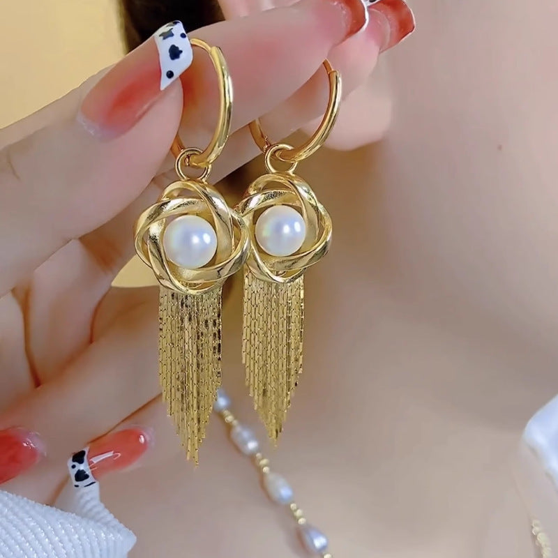 Spiral Wrapped Pearl Tassel Earrings