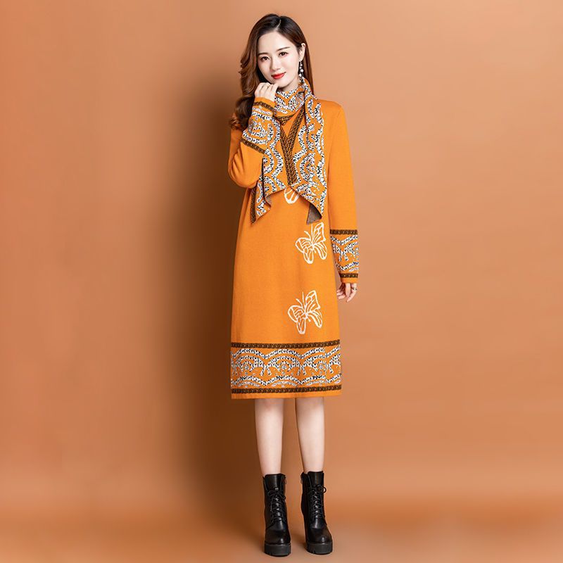 Women’s Knitted Long Dress with Scarf