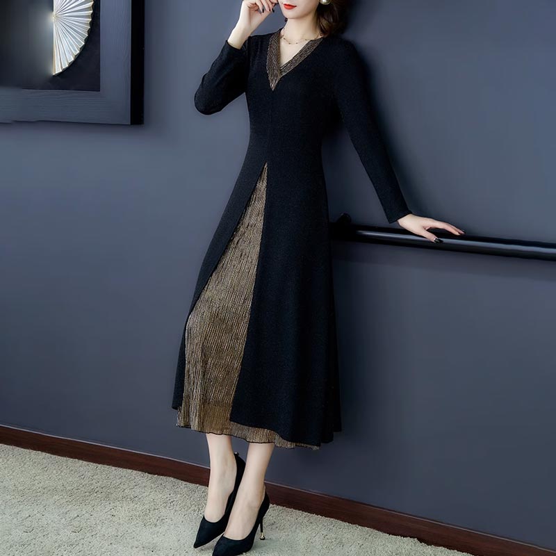 Lady’s Temperament Fake 2-piece Long-sleeve Dress（50% OFF）